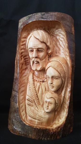 Large Detailed Holy Family Faces, Hand Carved Into A Tree Branch picture