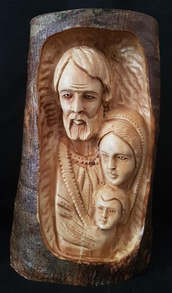 Large Detailed Holy Family Faces, Hand Carved Into A Tree Branch picture