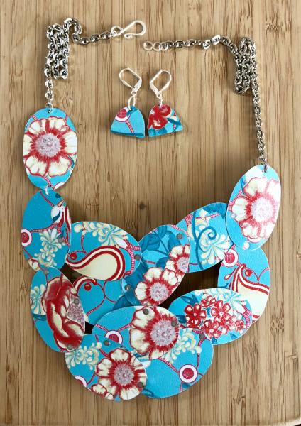 Rustic Turquoise Blue & Red Scarlet with Silver Vintage Tin Oval Statement Necklace and Earrings Set