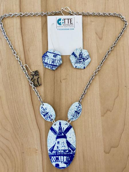 Blue Windmills Vintage Tin Necklace and Earrings Set