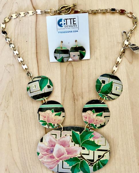 Asian Inspired Peony Vintage Tin Necklace Set