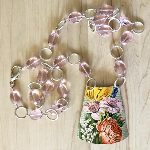 Flower Garden Vintage Tin Long Statement Necklace with Pink Glass Crystal Accents