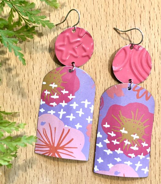 Vintage Tin Giant Pink & Lavender Statement Earrings