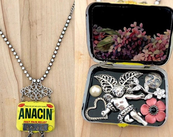 Garden Angel "Best" Anacin Medicine Tin Collage Assemblage Pendant with Adjustable Antique Chain