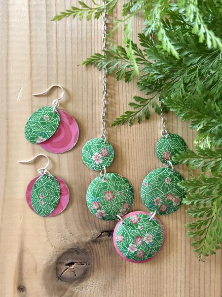 Vintage Tin Pink Cherry Blossoms on Green Necklace & Earrings Set