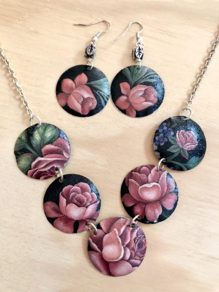 Vintage Tin Necklace & Earring Set- Old Roses