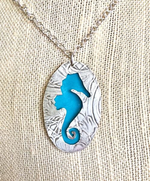 Vitreous Enamel with Repurposed Silver Plated Platter Sea Horse Necklace
