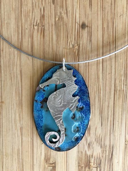 Vitreous Enamel with Silver Plate Repurposed Tray Ocean Blue Seahorse