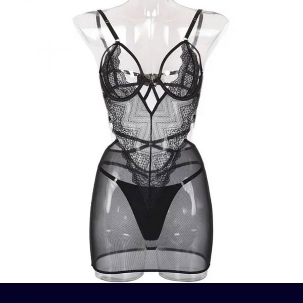 Mesh push up center lace baby doll lingerie