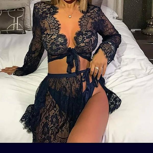 Lace and more lace 3 piece black tie up skirt with bra and panty picture