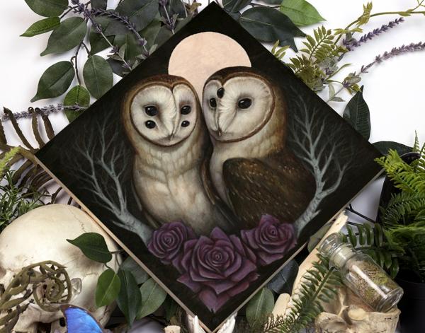 Barn Owl Couple 12 x 12 Fine Art Giclee Print on Wood