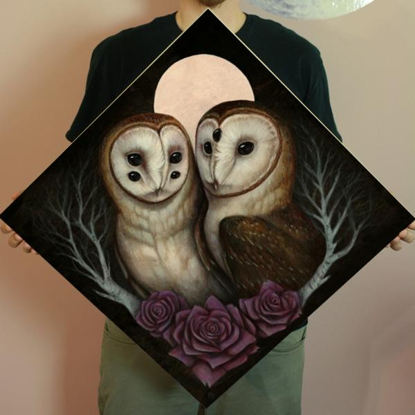 Barn Owl Couple 20 x 20 Fine Art Giclee Print on Wood