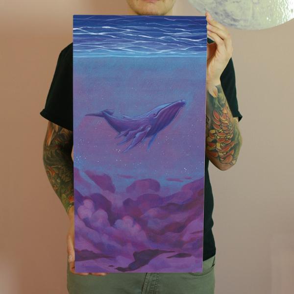 Night Sky Whale 12 x 24 Fine Art Giclee Print on Wood picture