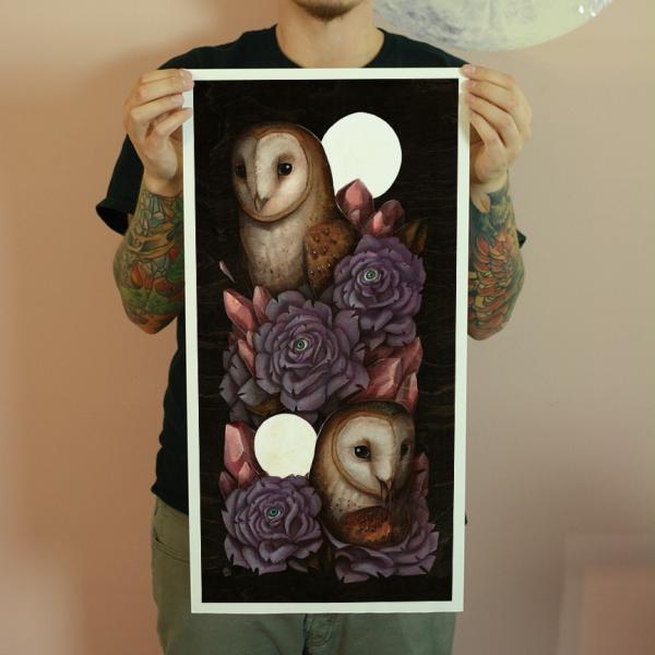 Owls 'N Roses 12 x 24 Fine Art Giclee Print