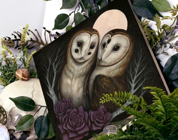 Barn Owl Couple 12 x 12 Fine Art Giclee Print on Wood picture