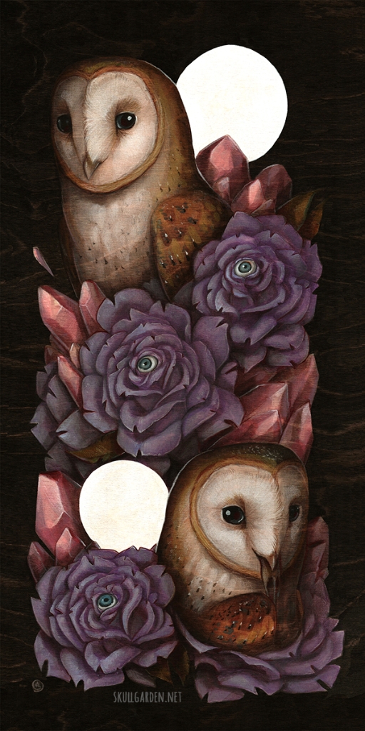 Owls 'N Roses 12 x 24 Fine Art Giclee Print picture