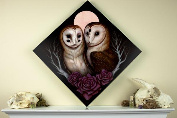 Barn Owl Couple 12 x 12 Fine Art Giclee Print on Wood picture