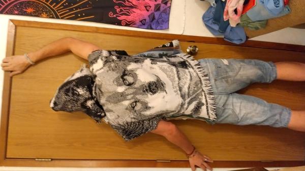 Hooded wolf blanket vest