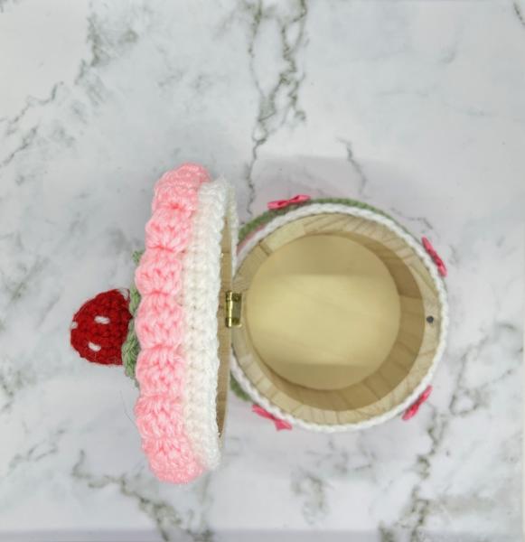 Strawberry Cake Crochet Trinket Box | Handmade Wooden Keepsake with Magnetic Closure picture