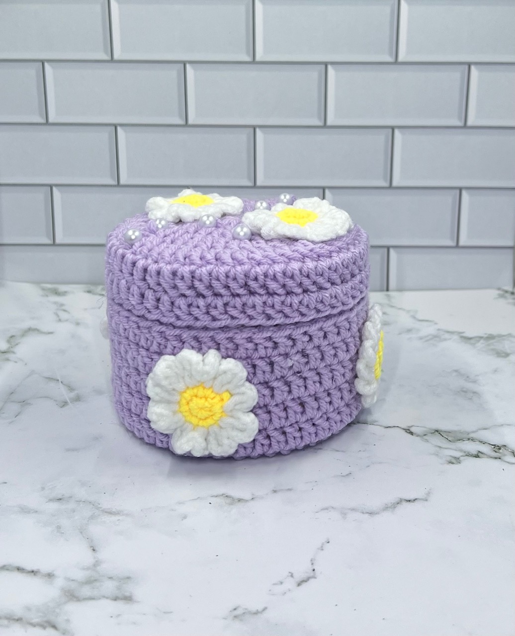 Lavender Daisy Crochet Trinket Box | Handmade Floral Keepsake with Pearls & Magnetic Closure picture