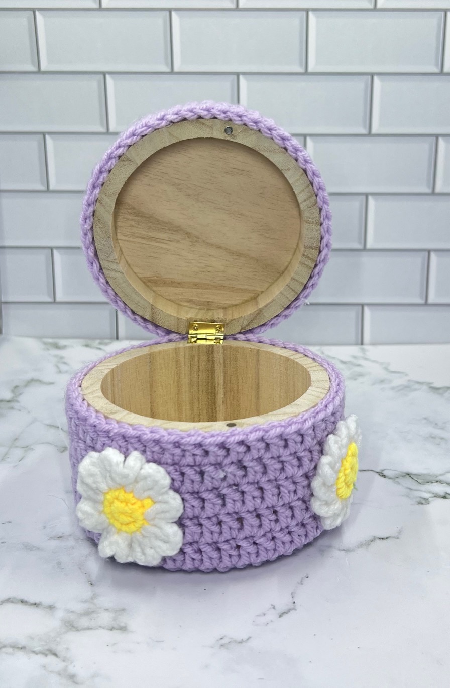 Lavender Daisy Crochet Trinket Box | Handmade Floral Keepsake with Pearls & Magnetic Closure picture