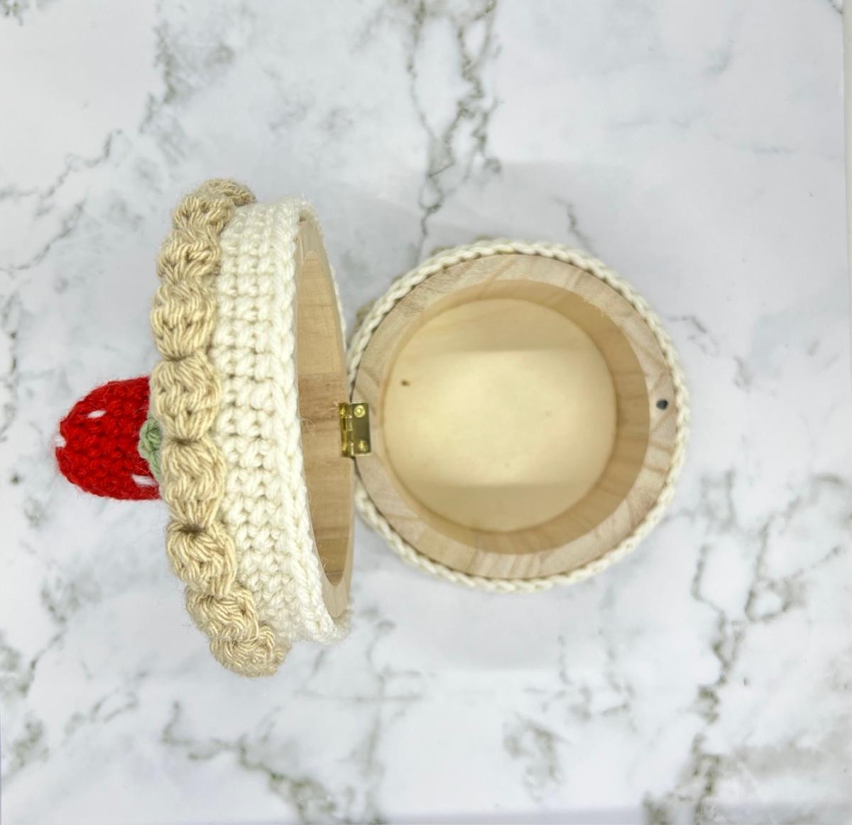 Chocolate Strawberry Cake Crochet Trinket Box | Handmade Wooden Keepsake with Magnetic Closure picture