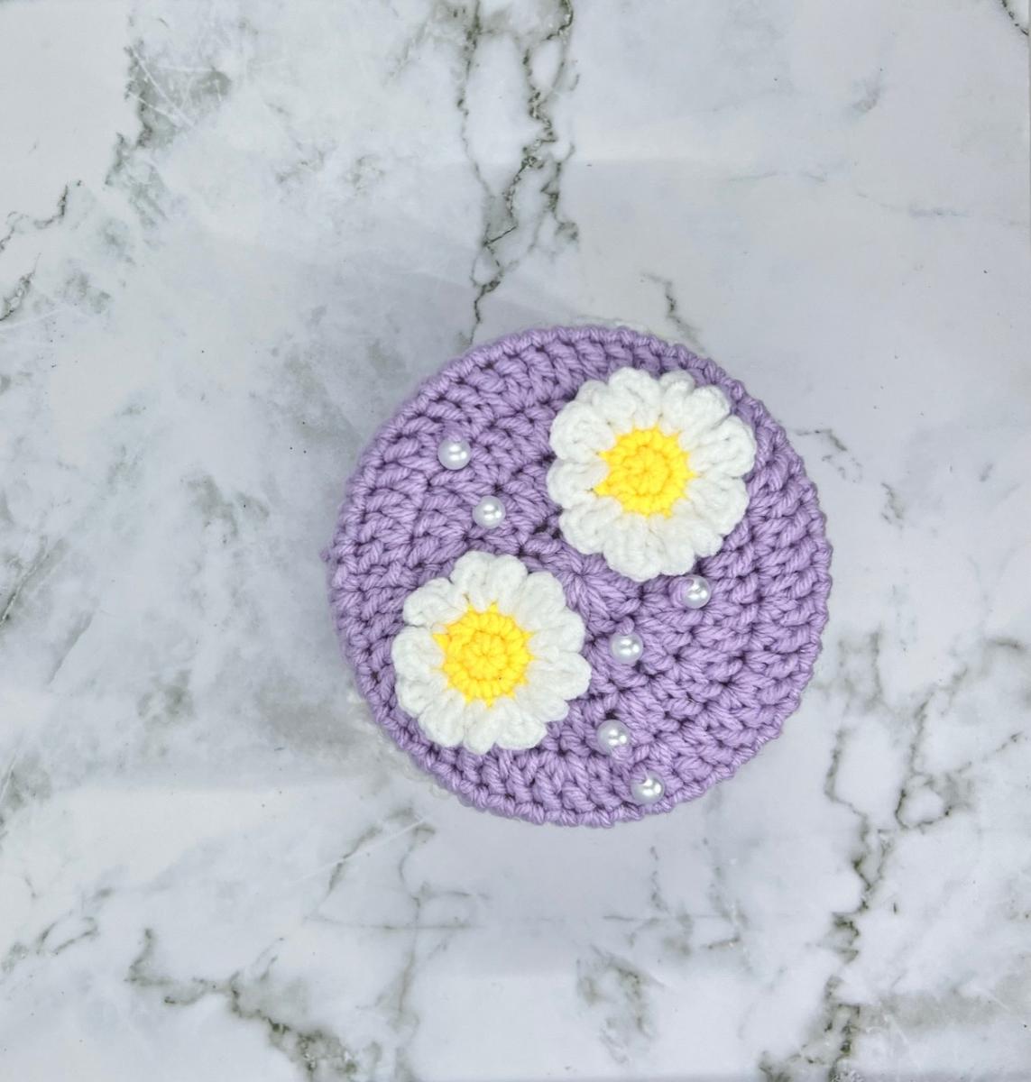 Lavender Daisy Crochet Trinket Box | Handmade Floral Keepsake with Pearls & Magnetic Closure picture