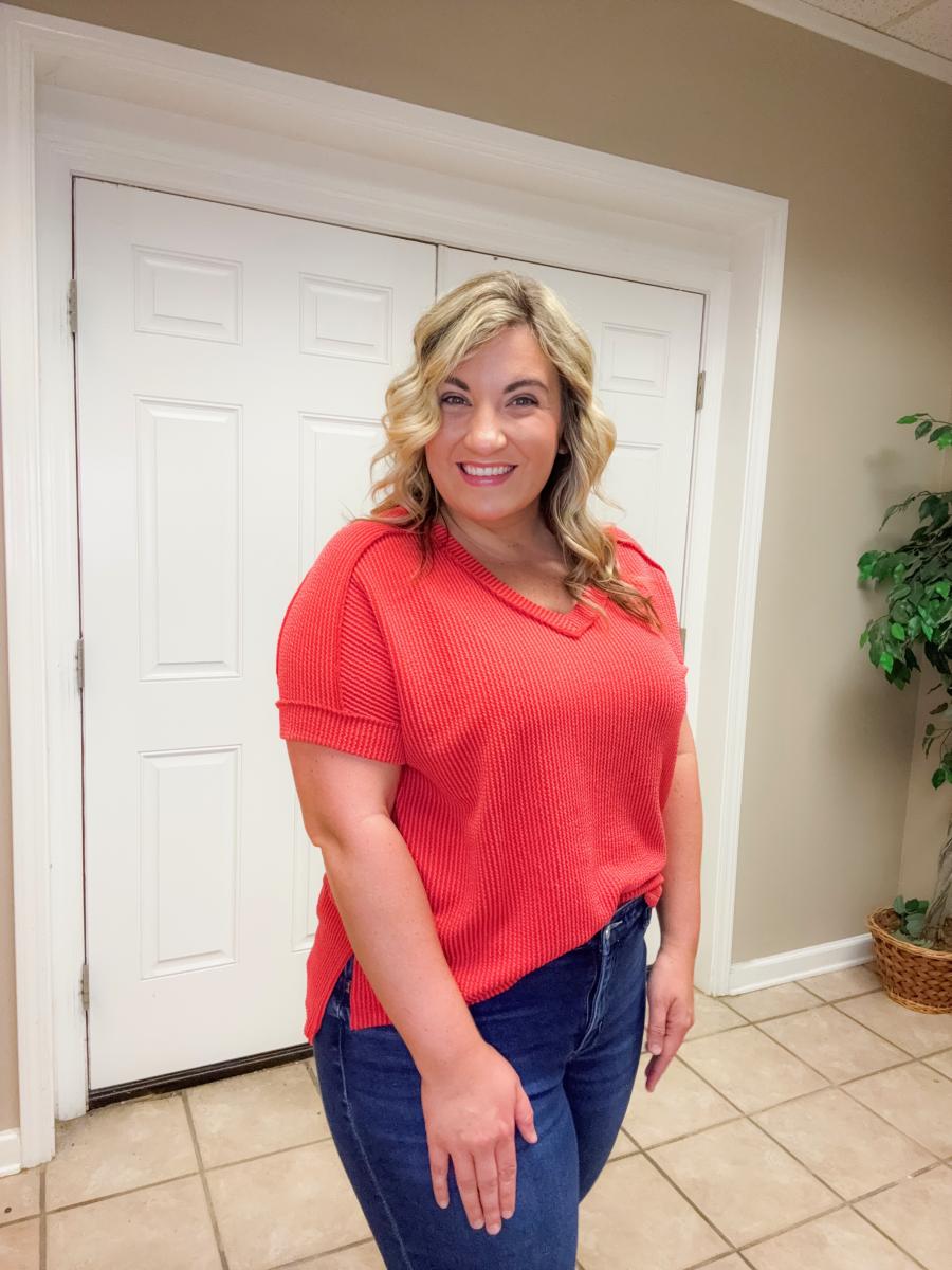 Corded Rib Cuff Sleeve V Neck Raw Edge Top picture