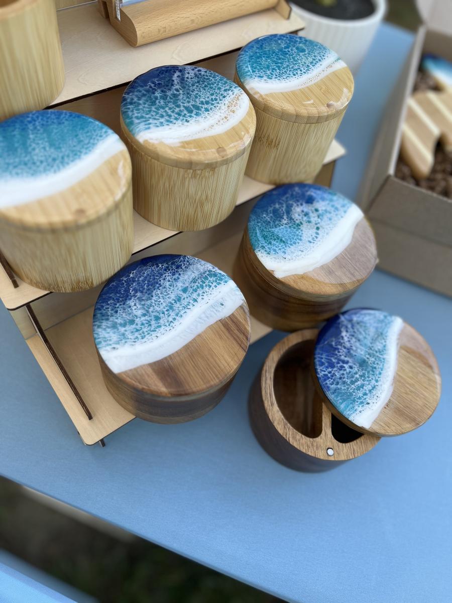 NEW Dual Cell Acacia Salt and Pepper Holder with Ocean Resin Art picture
