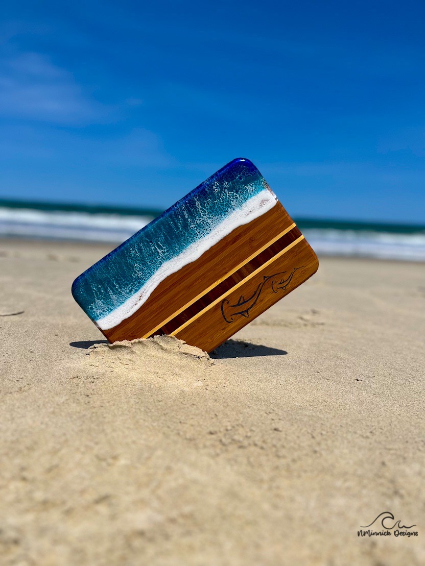 Ocean Resin Art Cheese Board with Sea Turtle or Hammerhead Shark Design picture