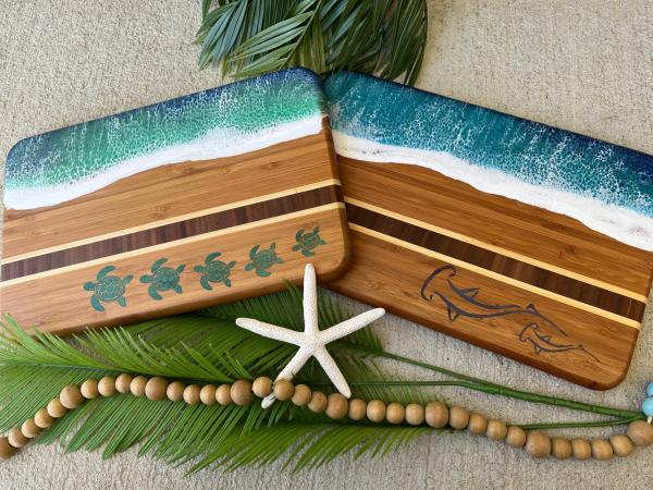 Ocean Resin Art Cheese Board with Sea Turtle or Hammerhead Shark Design