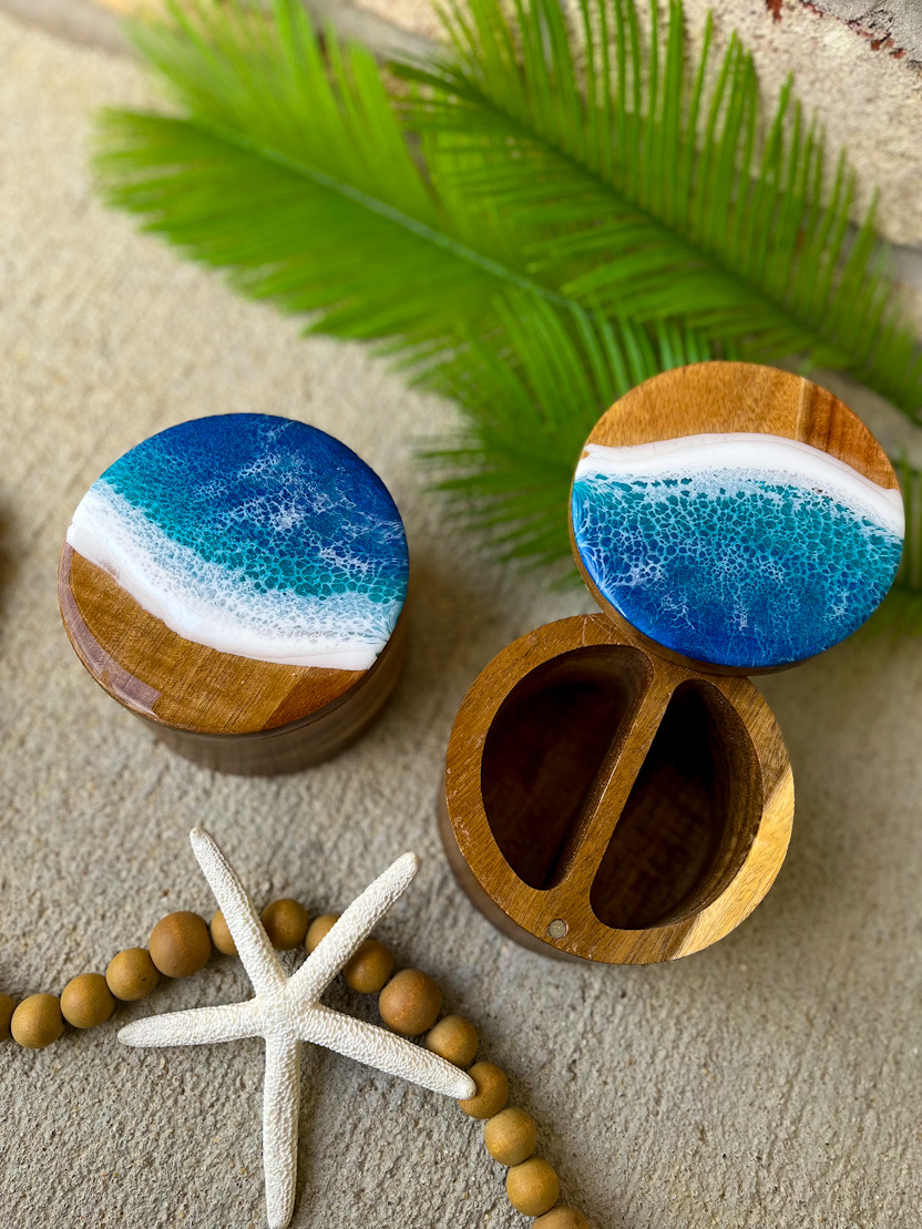 NEW Dual Cell Acacia Salt and Pepper Holder with Ocean Resin Art picture