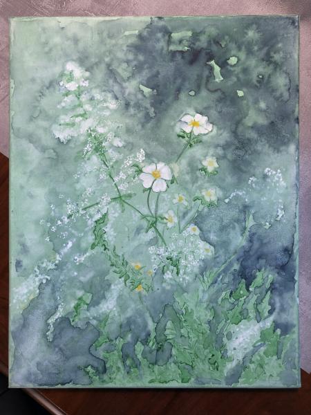 Wild Flowers on Green Original Watercolor on Canvas