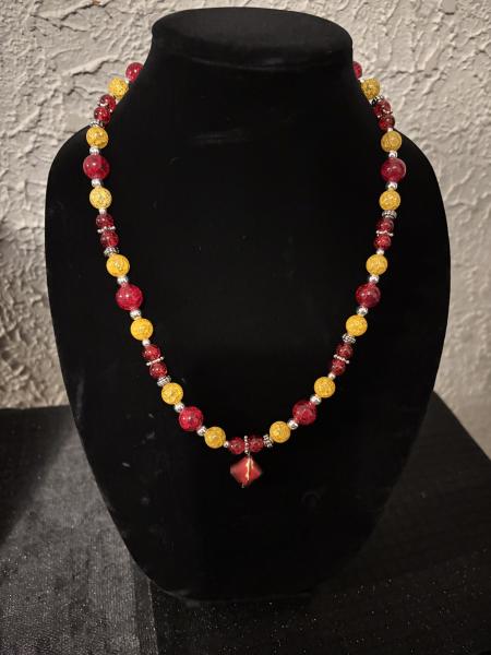Red and yellow glass bead necklace