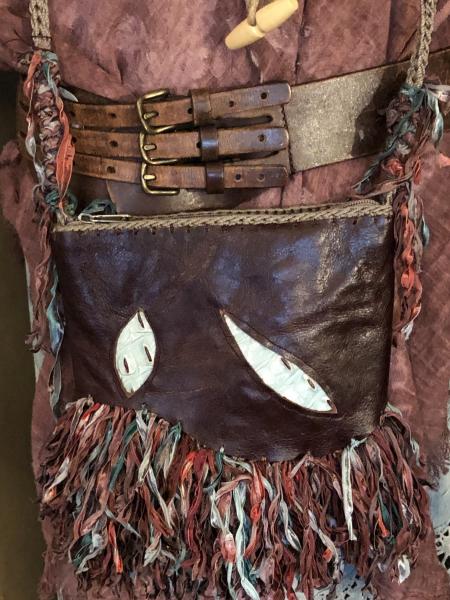 Burgundy & Teal Leather Crossbody w/Fringe