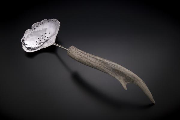 Silver Ginkgo Pierced Spoon with Antler Point Handle picture