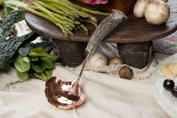 Copper Ginkgo Large Serving Spoon with Burr Antler Handle