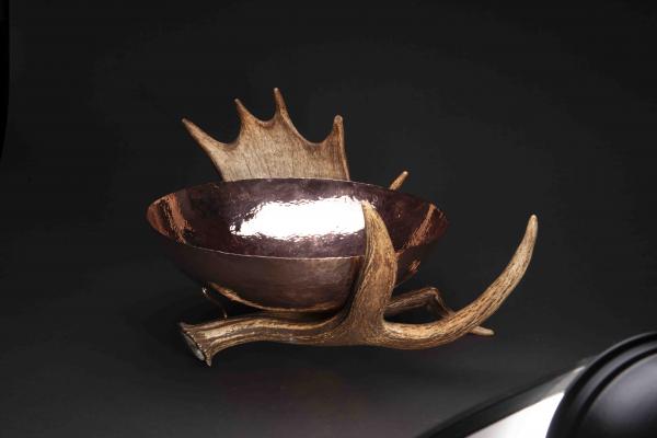 Copper Bowl with Naturally-Shed Moose Antler Stand - 14 inch picture