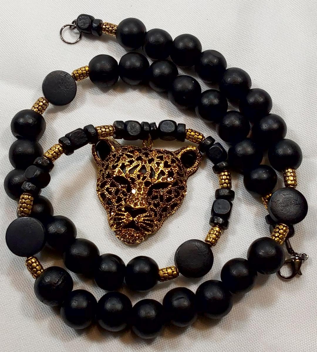 Leopard Head Pendant, black wood & GOLD picture