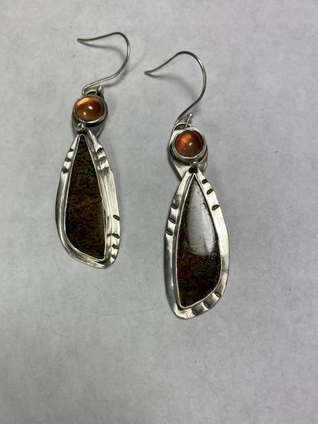 Dinosaur Earrings with Oregon sunstone picture