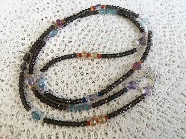 Long Beaded Necklace, 28" Natural Stones, Smokey Quartz, Blue Topaz, Citrine, Amethyst, Boho Necklace,