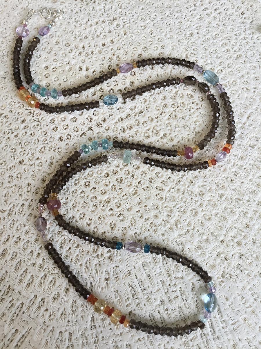 Long Beaded Necklace, 28" Natural Stones, Smokey Quartz, Blue Topaz, Citrine, Amethyst, Boho Necklace, picture