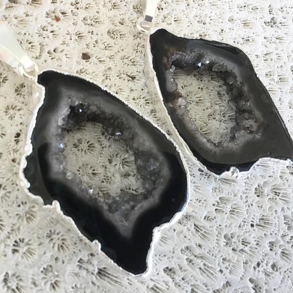 Black Geode Necklace, Silver Plated Druzy Quartz, Sterling Silver Chain Necklace, Natural Agate Crystal