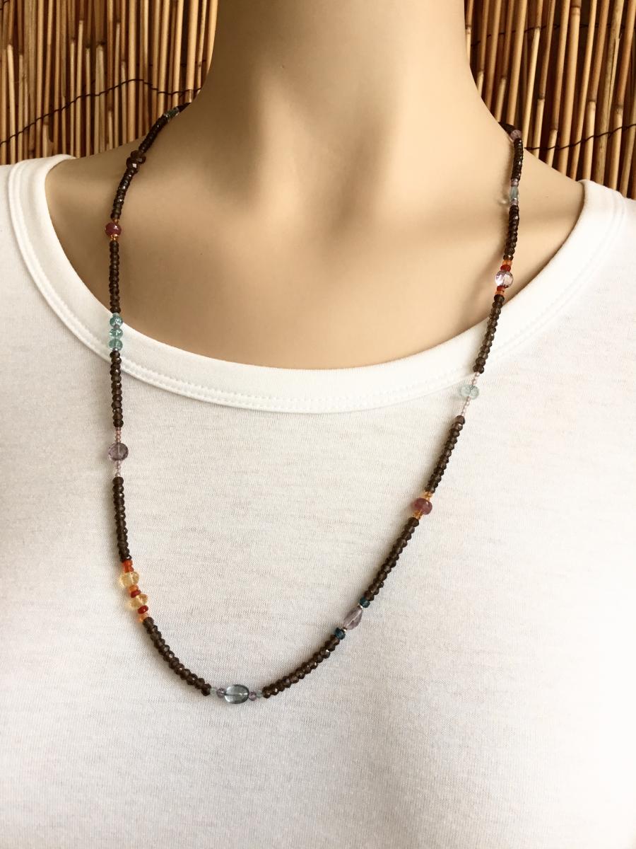 Long Beaded Necklace, 28" Natural Stones, Smokey Quartz, Blue Topaz, Citrine, Amethyst, Boho Necklace, picture