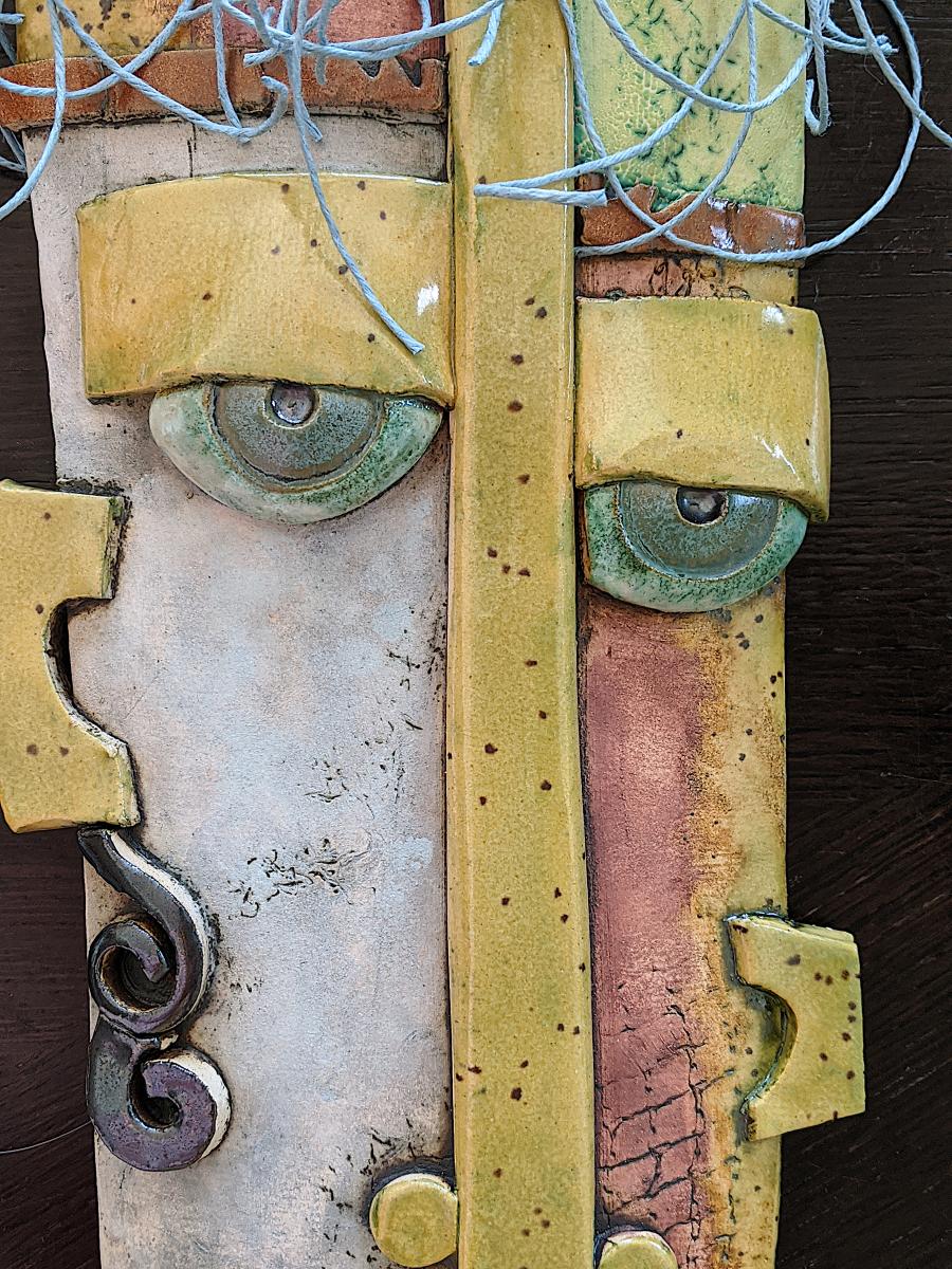 Colorful Abstract Clay Mask with Blue Cotton String Hair picture