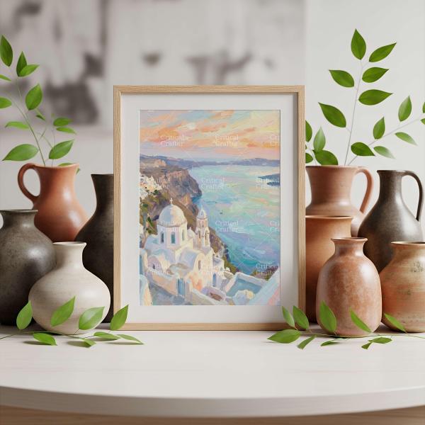 Santorini Greece Wall Art Print | Mediterranean Coastal Landscape | Impressionist Travel Art | Greek Island Decor