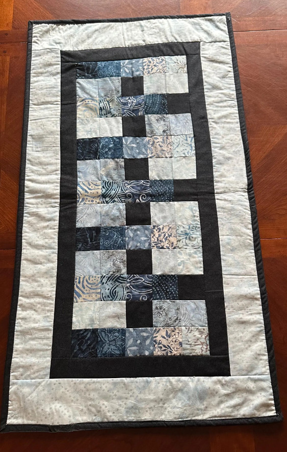 Blue Batik Hues Table Topper with Black Trim 19x35 inches