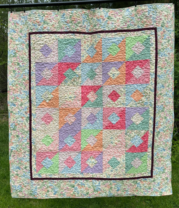 Handmade Pastel Throw Quilt &ndash; Geometric Floral, Spring D&eacute;cor