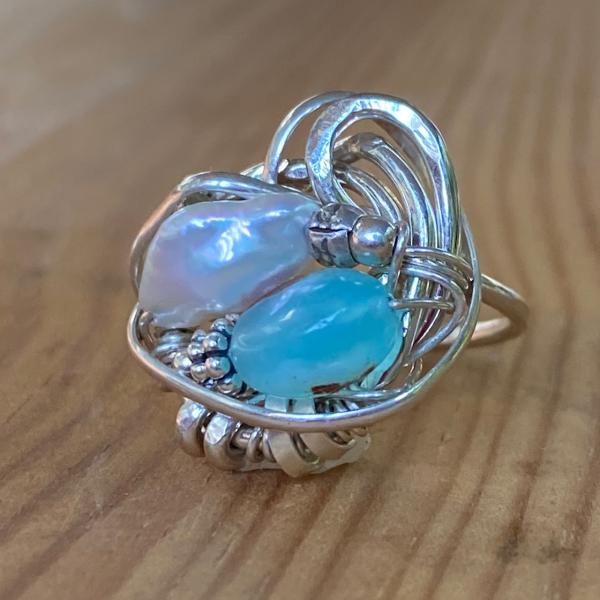 Size 6.5 Sterling Opal and Freshwater Pearl Ring picture