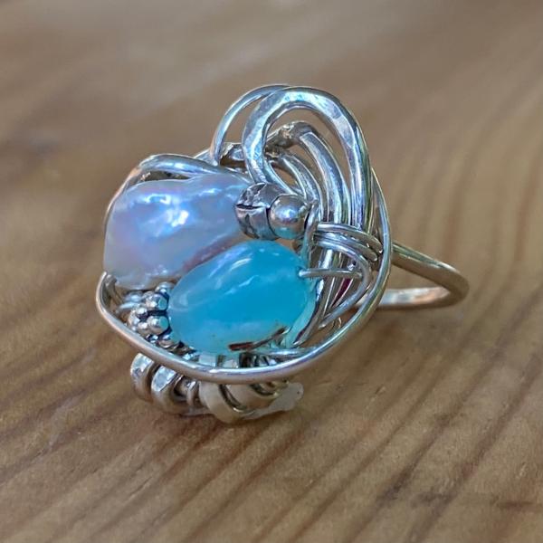 Size 6.5 Sterling Opal and Freshwater Pearl Ring picture